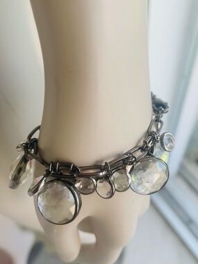 Charm Bracelet with Clear Crystal Charms on Oxidized Silver Tone  25 Charms